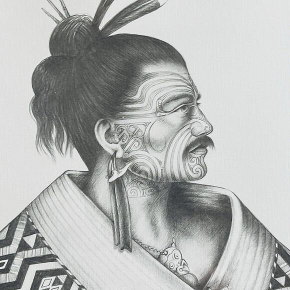 MAORI Warrior Man Framed Etching Tribal Tattoo Holding Taiaha By William Mahon ? - Picture 15 of 16